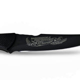 picture of detail of the anniversary logo on knife