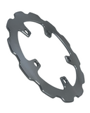 view of motorcycle rotor on an angle to show machine detail